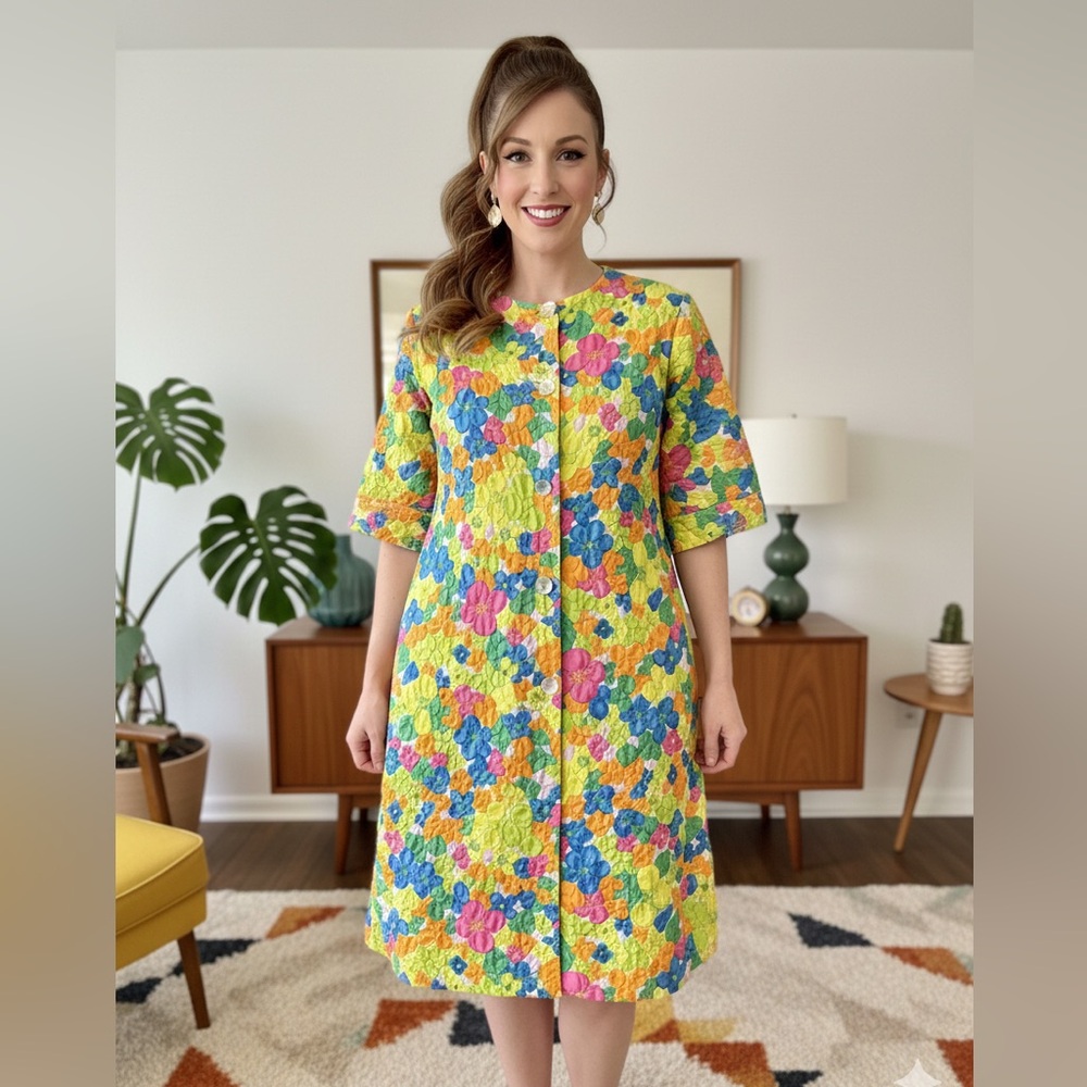 Vintage Renaissance Floral Textured Housecoat Robe - Colorful MCM Mid-Length